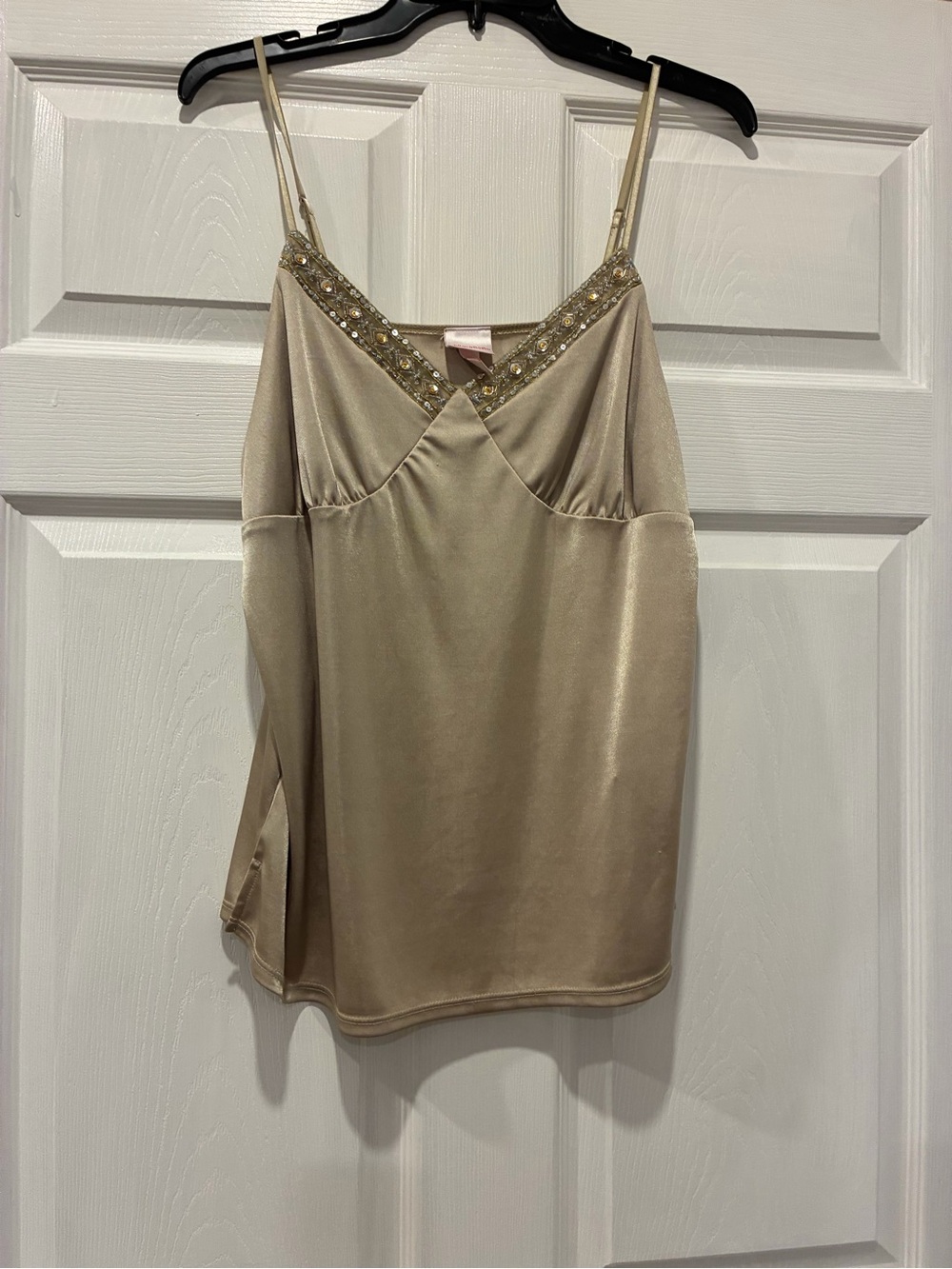 Xhilaration Beaded V-Neck Satin Cami in Champagne
